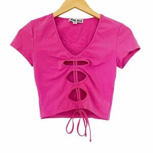 I Am Gia Minka Pink Cut Out Cropped Tie String Short Sleeve Shirt Sz XS